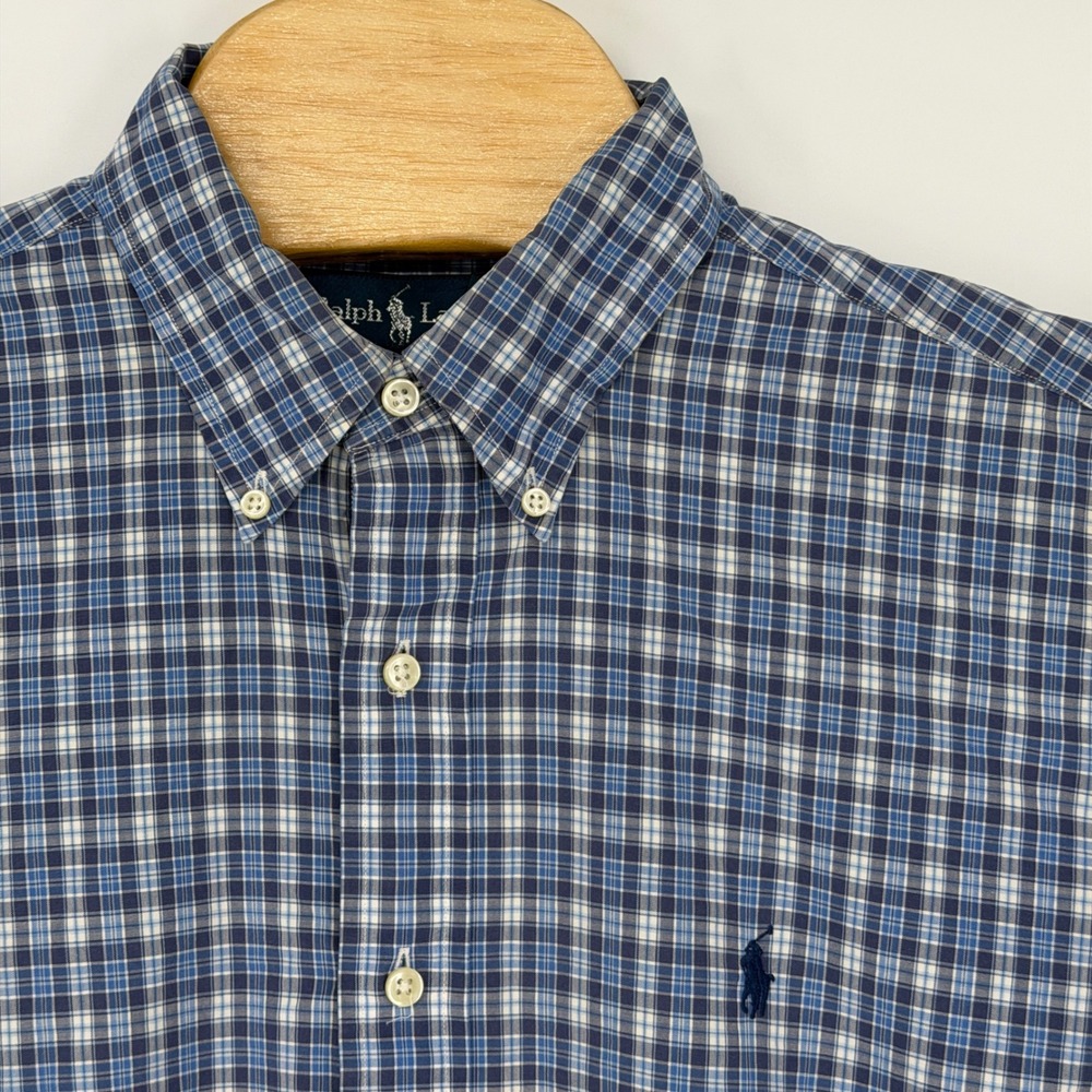 Ralph Lauren Button Down Mens L Blue Plaid Classic Fit Cotton Vintage Shirt Pony